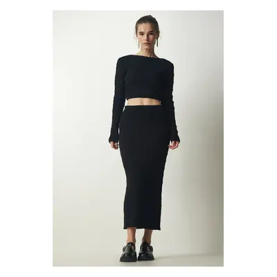 Happiness İstanbul Women's Black Ribbed Crop Knitwear Sweater Skirt Suit