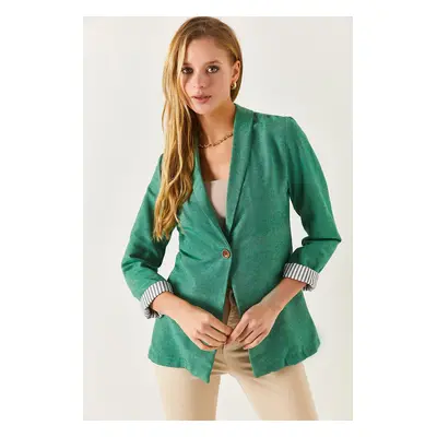 armonika Women's Dark Green Striped One-Button Jacket with