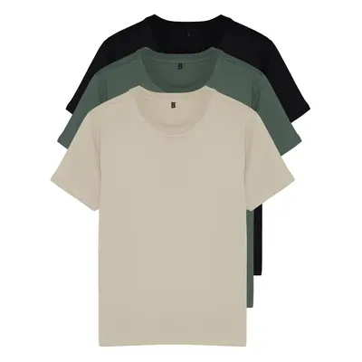 Trendyol Black-Stone-Dark Green Basic Slim/Narrow Cut 100% Cotton 3-Pack T-Shirt