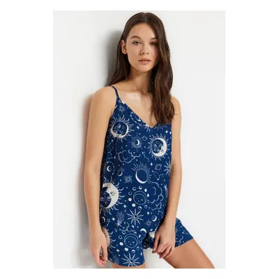 Trendyol Indigo Galaxy Patterned Viscose Woven Pajama Set with Rope Straps