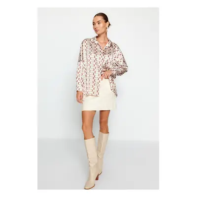 Trendyol Beige Geometric Pattern Oversize/Wide Fit Satin Woven Shirt