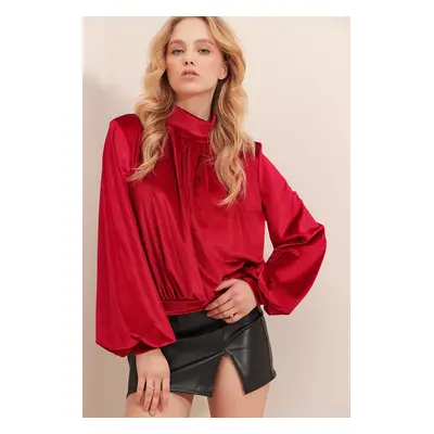 Trend Alaçatı Stili Women's Red Christmas Special High Neck Front Gathered Detail Velvet Blouse