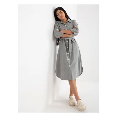 Grey striped shirt dress with a tie belt