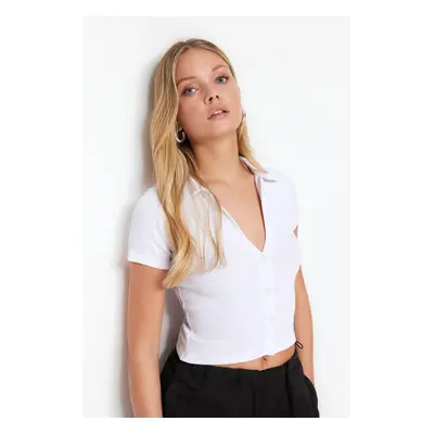 Trendyol White Button Detail Fitted/Situated Crop Polo Neck Ribbed Stretch Knit Blouse