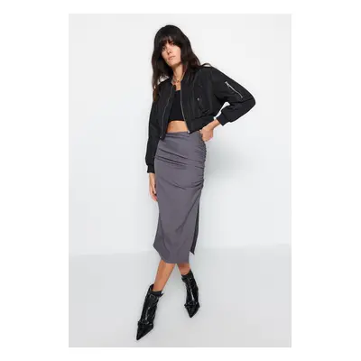 Trendyol Anthracite Gathered Slit Detailed Parachute Fabric Midi Woven Skirt