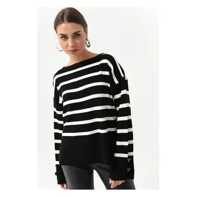 Lafaba Women's Black Bateau Neck Striped Knitwear Sweater