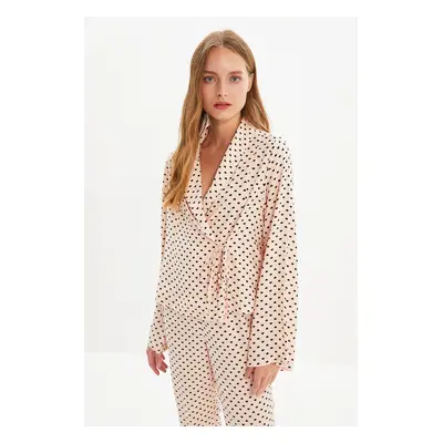 Trendyol Powder Heart Pattern Viscose Woven Pajamas Set with Lace-Up Detail