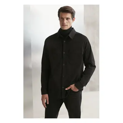 GRIMELANGE Outside Men's Woven Thick Textured Washed Black Shirt with Pocke