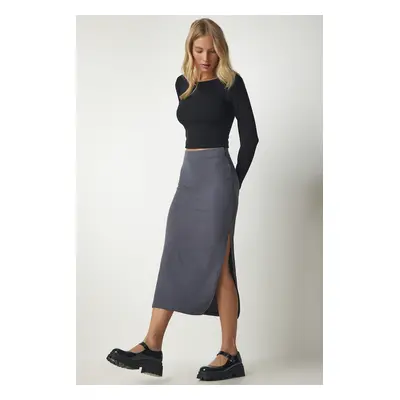 Happiness İstanbul Women's Dark Gray Slotted Corduroy Knitted Pencil Skirt