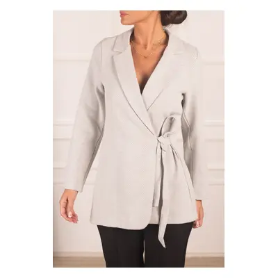 armonika Women's Gray Herringbone Patterned Stamped Jacket with Tie Sides