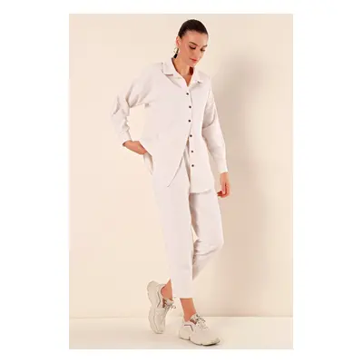 Bigdart Women's Cream Oversize Linen Bottom Top Set