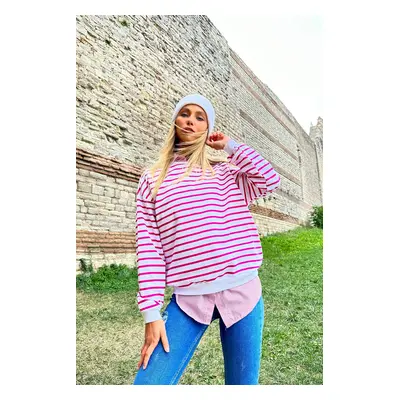 Trend Alaçatı Stili Women's Fuchsia-White Crew Neck Striped Seasonal Oversize Sweatshirt