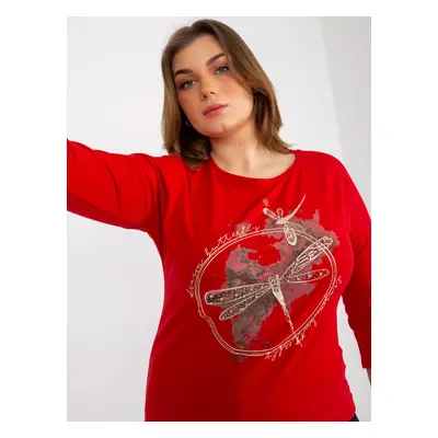 Red blouse of larger size with 3/4 sleeves and print