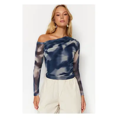 Trendyol Oil Tulle Lined Asymmetric Collar Knitted Blouse