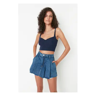 Trendyol Blue Pleated Normal Waist Denim Short Skirt