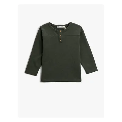 Koton Long Sleeve Crew Neck T-Shirt Button Detailed Seersucker Fabric