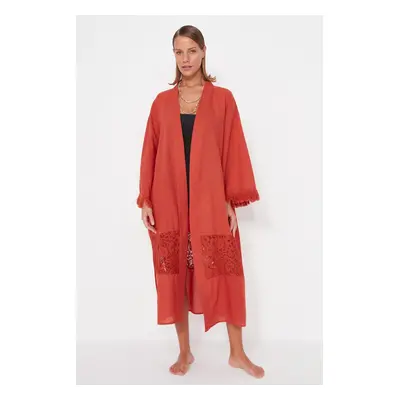 Trendyol Cinnamon Belt Maxi Woven Ruched 100% Cotton Kimono & Caftan