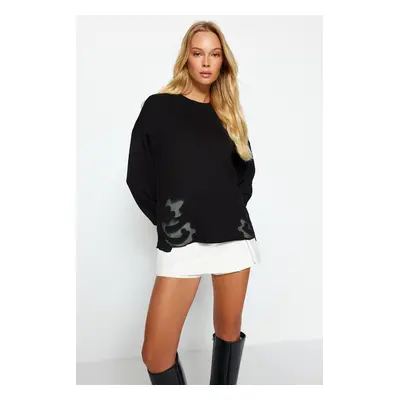 Trendyol Black Crew Neck Basic Thin Applique Detailed Knitted Sweatshirt