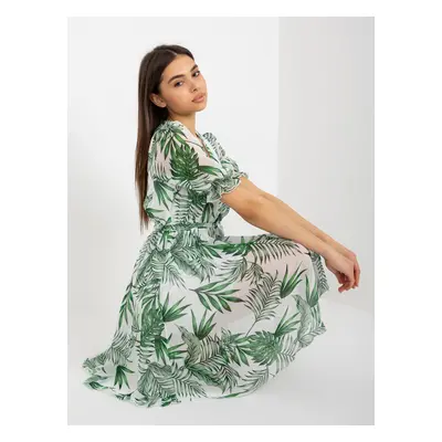 White and green dress with floral print and tie