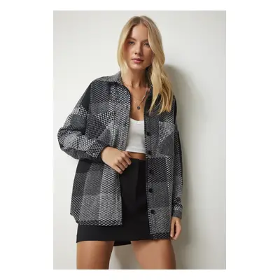 Happiness İstanbul Women's Gray Black Patterned Oversize Cachet Lumberjack Shirt