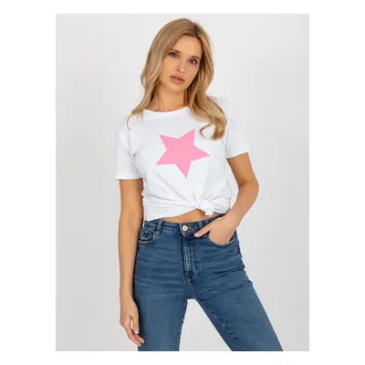 White and pink women's T-shirt with BASIC FEEL GOOD print