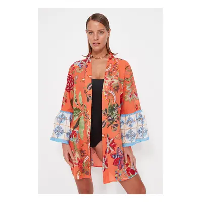 Trendyol Floral Pattern Belted Mini-Weave 100% Cotton Kimono & Caftan