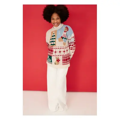 Trendyol Stone Christmas Themed Oversize Soft Textured Patterned Knitwear Sweater