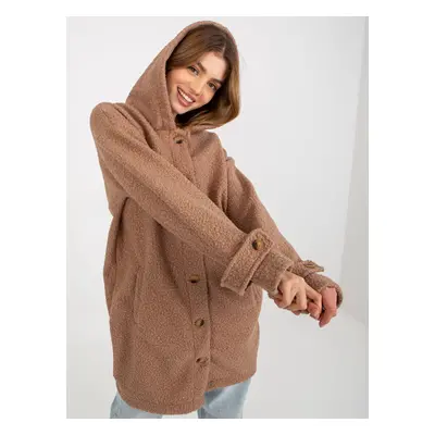 Dark beige plush coat with button closure