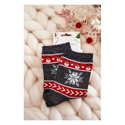 Women's Christmas socks shiny reindeer Black and red