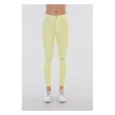 BİKELİFE Women's Yellow High Waist Lycra Ripped Detailed Leggings Trousers.