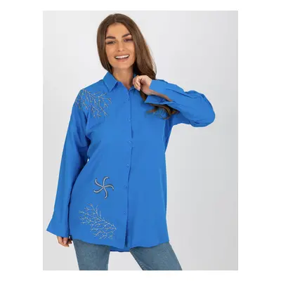 Dark blue oversized button-down shirt with embroidery