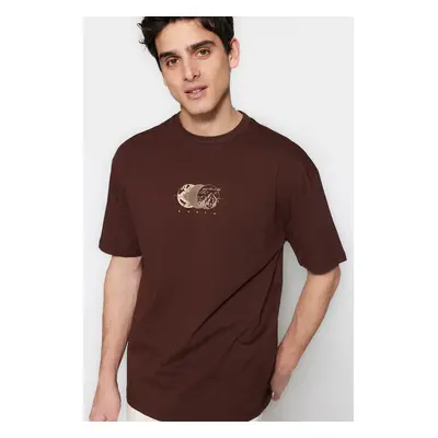 Trendyol Brown Relaxed/Casual Cut Printed 100% Cotton T-Shirt