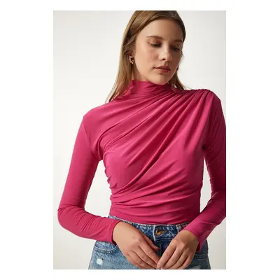 Happiness İstanbul Women's Pink Gathered Detailed High Neck Sandy Blouse