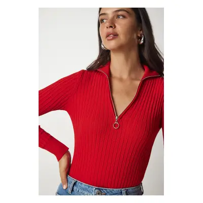 Happiness İstanbul Women's Red Zipper High Collar Ribbed Knitwear Blouse