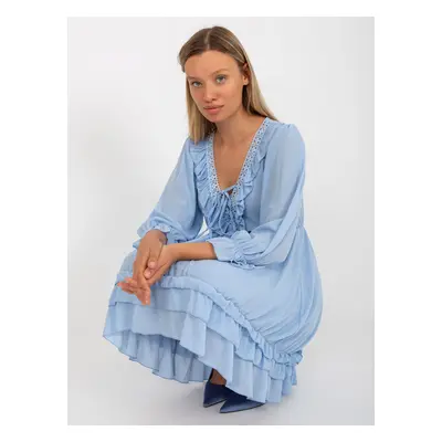 Light blue boho mini dress with ruffle OCH BELLA