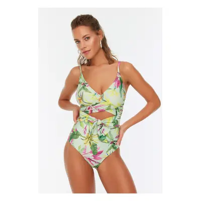 Trendyol Green Floral Pattern Belt Detailed Swimsuit