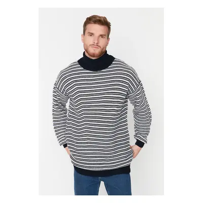 Trendyol Navy Blue Oversize Fit Turtleneck Striped Knitwear Sweater