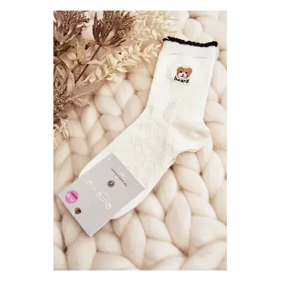 Patterned socks for women with teddy bear, white