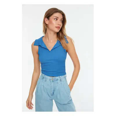 Trendyol Indigo Fitted Crop Polo Neck Crepe Knitted Blouse