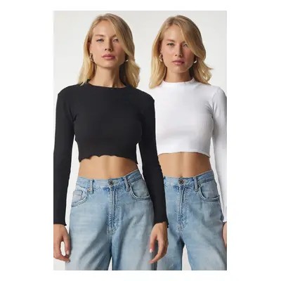 Happiness İstanbul Women's White Black Corded 2-Pack Knitwear Crop Blouse