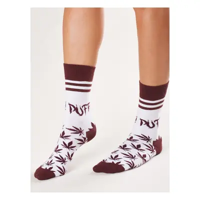 White and burgundy socks with print