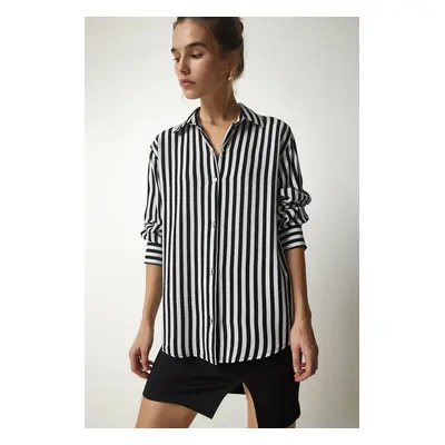 Happiness İstanbul Women's Black Ecru Striped Viscose Shirt