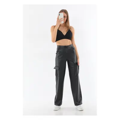 BİKELİFE Women's Black Leather High Waist Wide Leg Cargo Pants