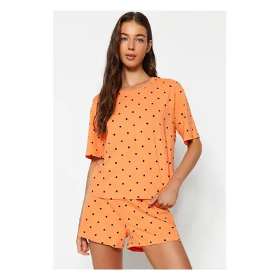 Trendyol Orange-Multicolored 100% Cotton Heart Patterned T-shirt-Shorts Knitted Pajama Set