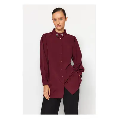 Trendyol Burgundy Collar Stone Embroidery Detailed Woven Shirt