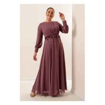 By Saygı Lined Long Chiffon Dress with Floral Detailed Waist Wide Sizes Dark Indigo.