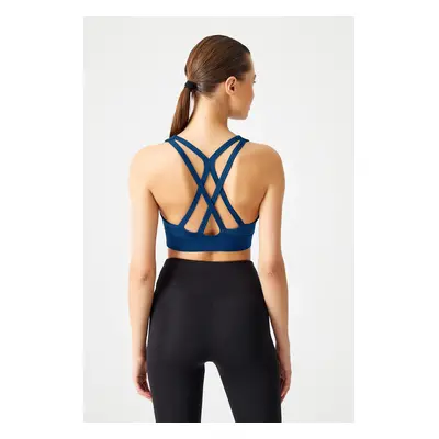 LOS OJOS Navy Blue Supported Back Detailed Covered Sports Bra