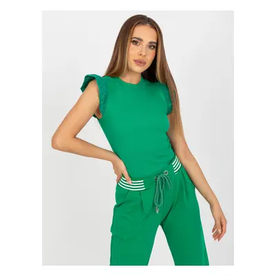 Green ribbed blouse with short sleeves RUE PARIS