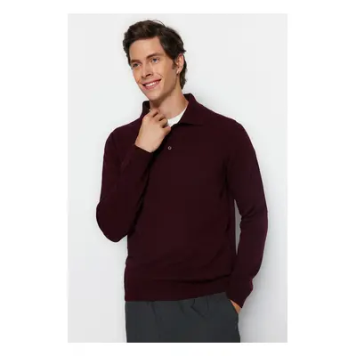 Trendyol Claret Red Slim Fit Wool Polo Collar Buttoned Smart Knitwear Sweater