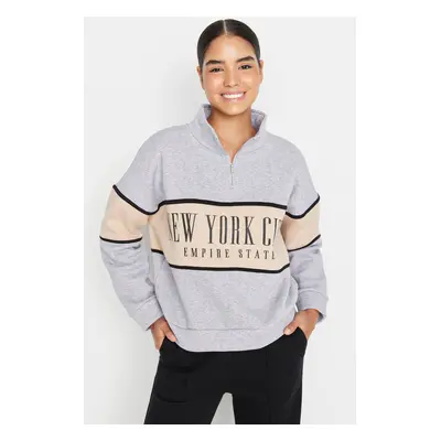 Trendyol Gray Melange Basic Printed Knitted Sweatshirt with Fleece Inside